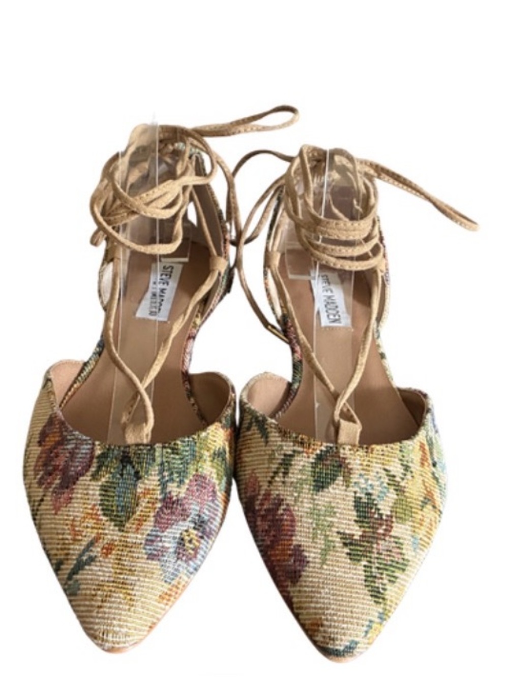 Steve Madden Walkie Flat Sz8.5 Floral Brocade Lace Up Point Toe Shoes Ankle Wrap - Picture 7 of 14